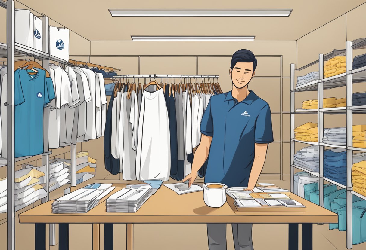 A table with various tote bag samples displayed, a supplier presenting options to a customer, and a sign with the supplier's logo