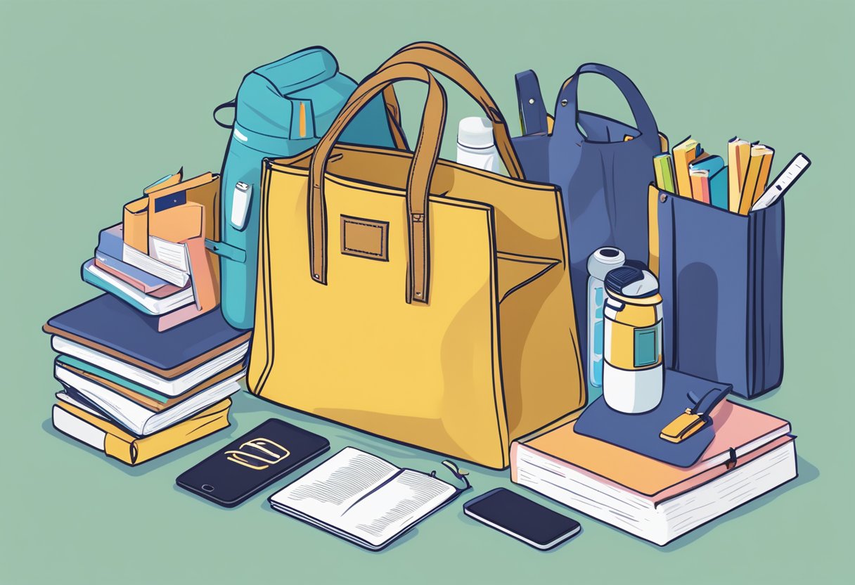 A thick tote bag with "Frequently Asked Questions" printed on it, surrounded by various items like a laptop, books, and a water bottle