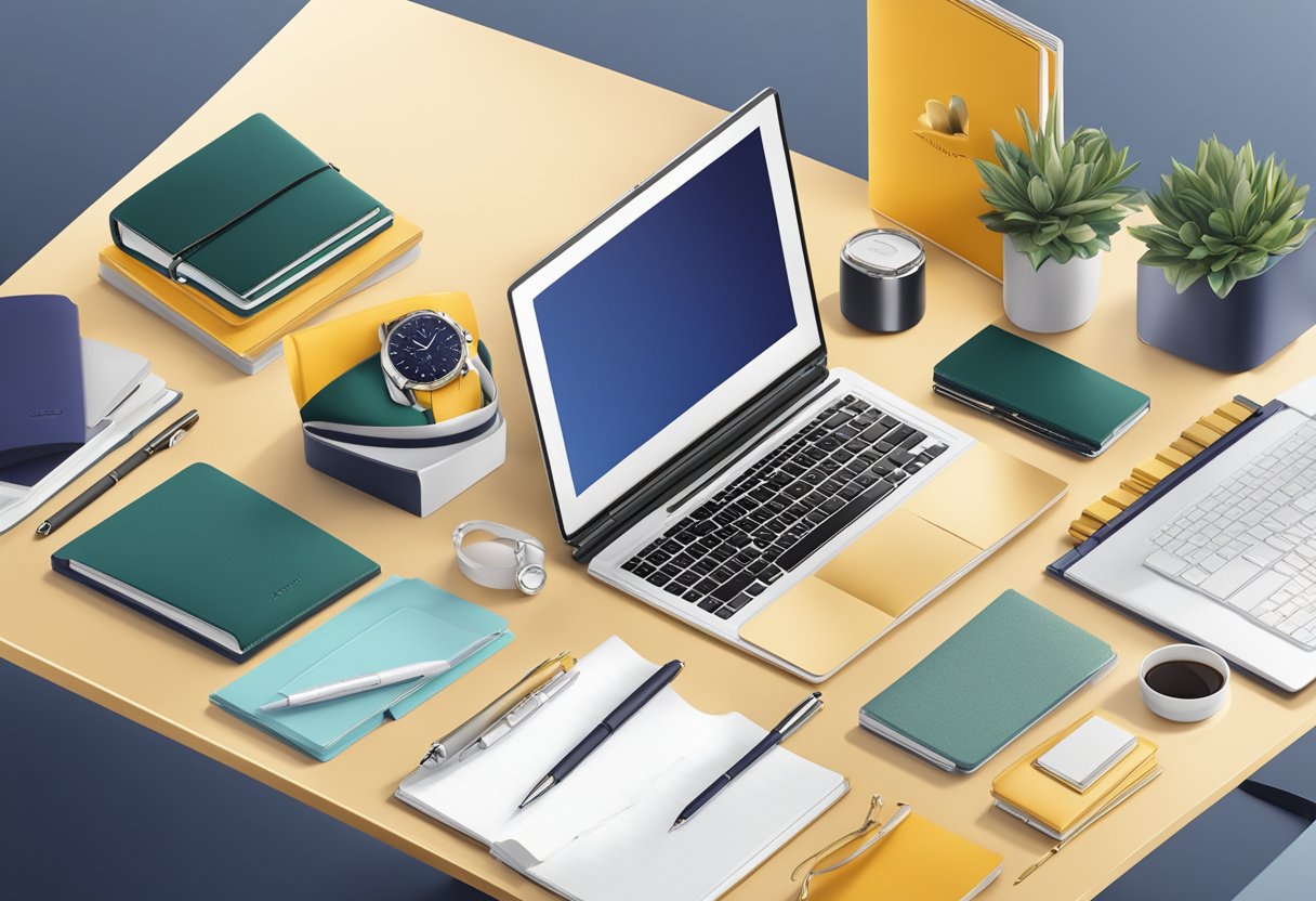 A table adorned with elegant, branded corporate gifts, including luxurious pens, sleek notebooks, and sophisticated tech accessories