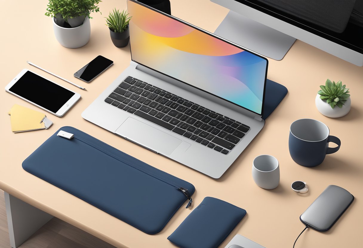 A laptop sleeve with customizable options displayed on a clean, modern desk with a computer and other tech accessories nearby