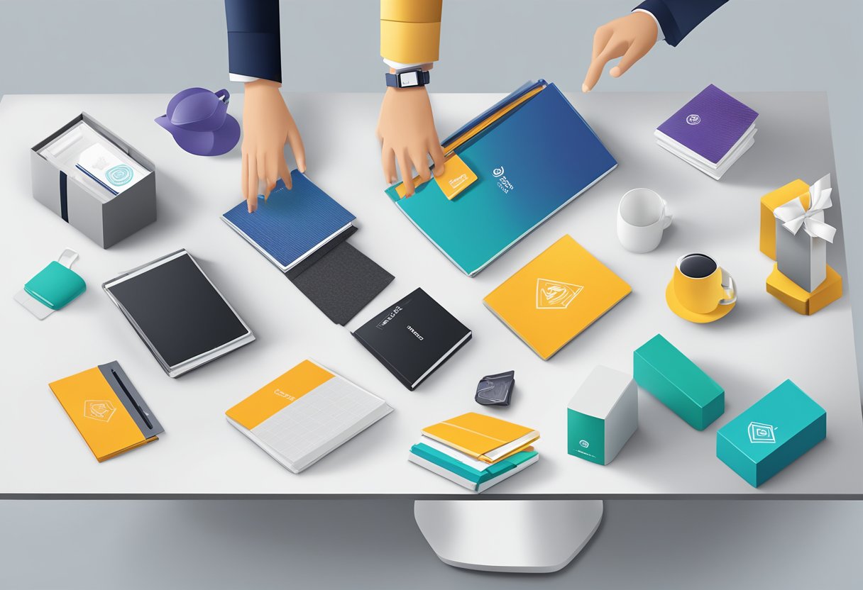 A hand reaches for a selection of customised corporate gifts on a sleek, modern display table. The gifts are neatly arranged and feature the company's logo prominently displayed