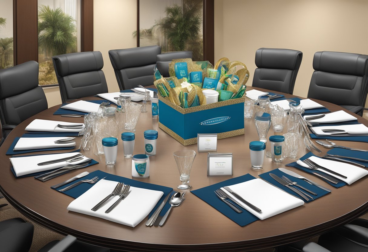 A conference room table adorned with luxury gift baskets, branded merchandise, and elegant packaging. A corporate logo prominently displayed on each item