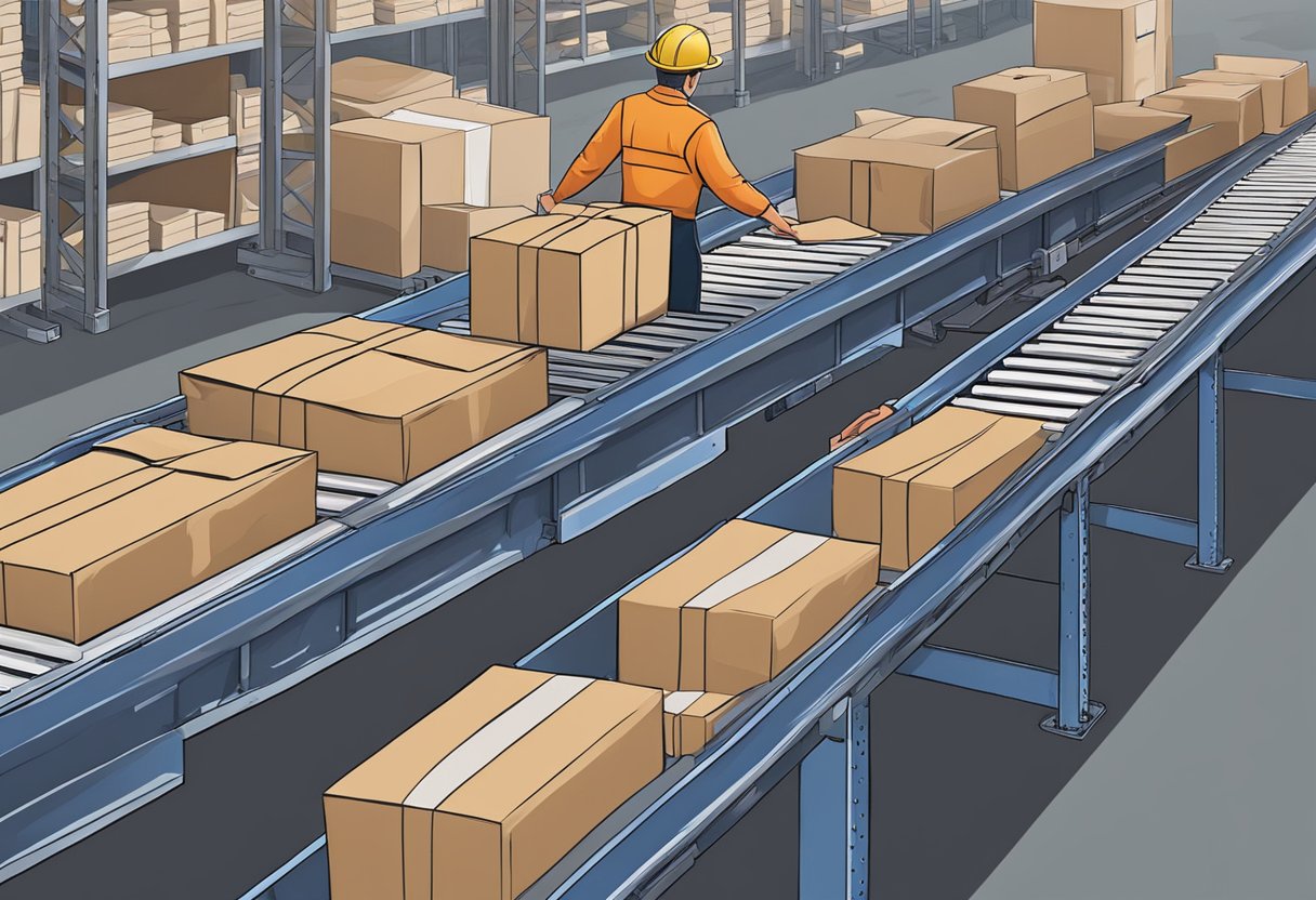 A warehouse worker loads tote bags onto a conveyor belt for shipment