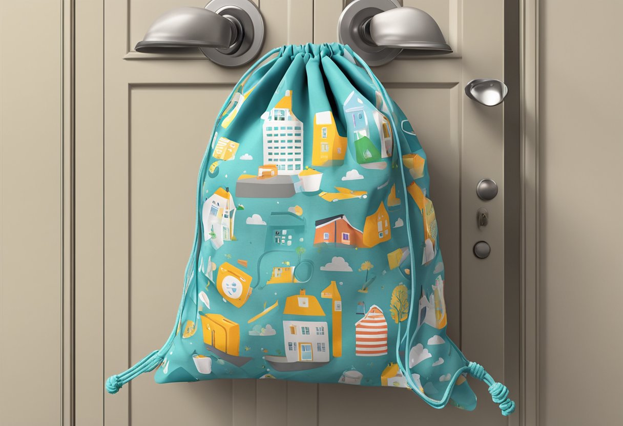 A custom drawstring bag hangs from a doorknob, filled with various items spilling out. The bag is made of durable material and features a unique design
