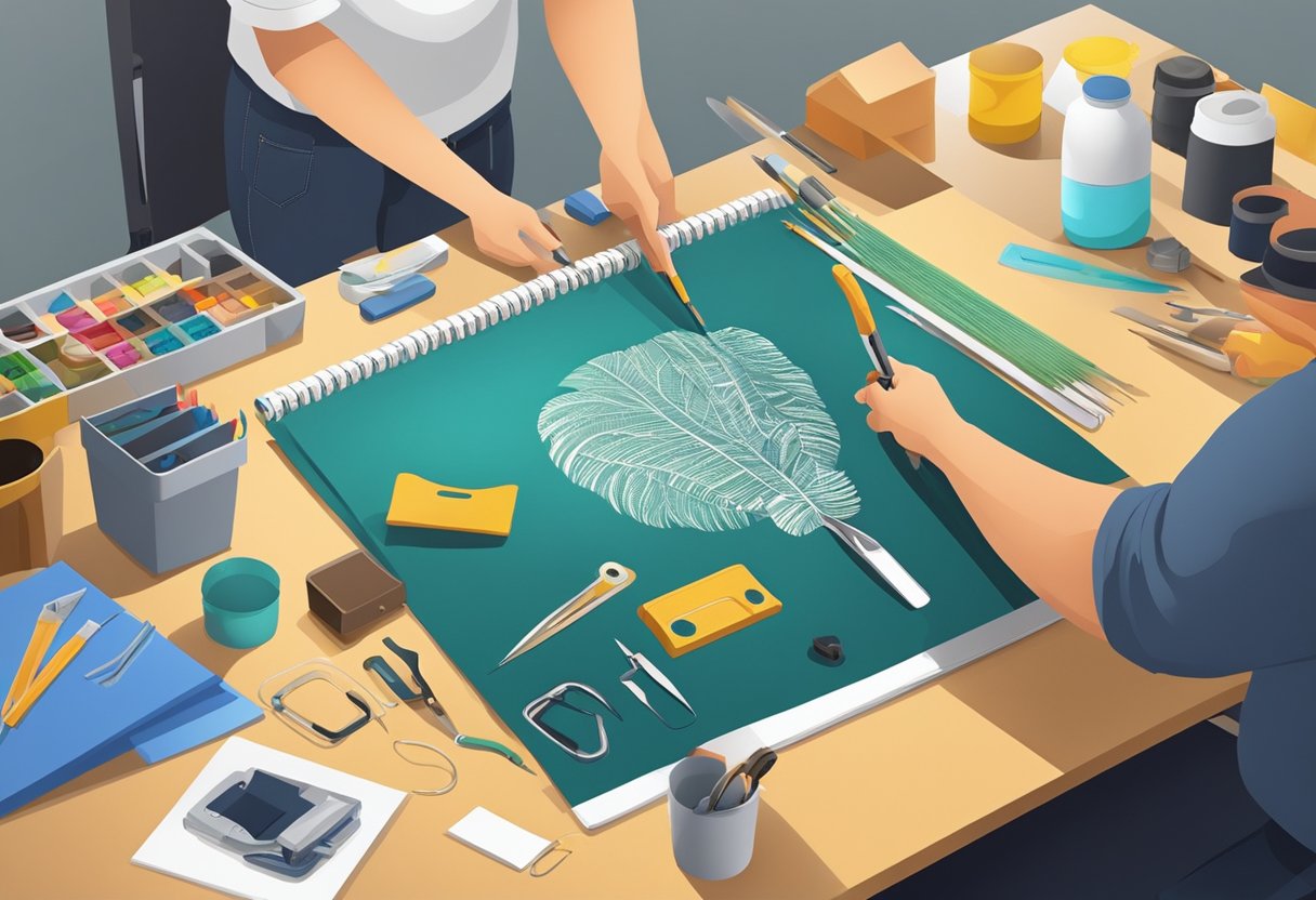 A designer creating a custom print on a reusable bag with various tools and materials on a work table