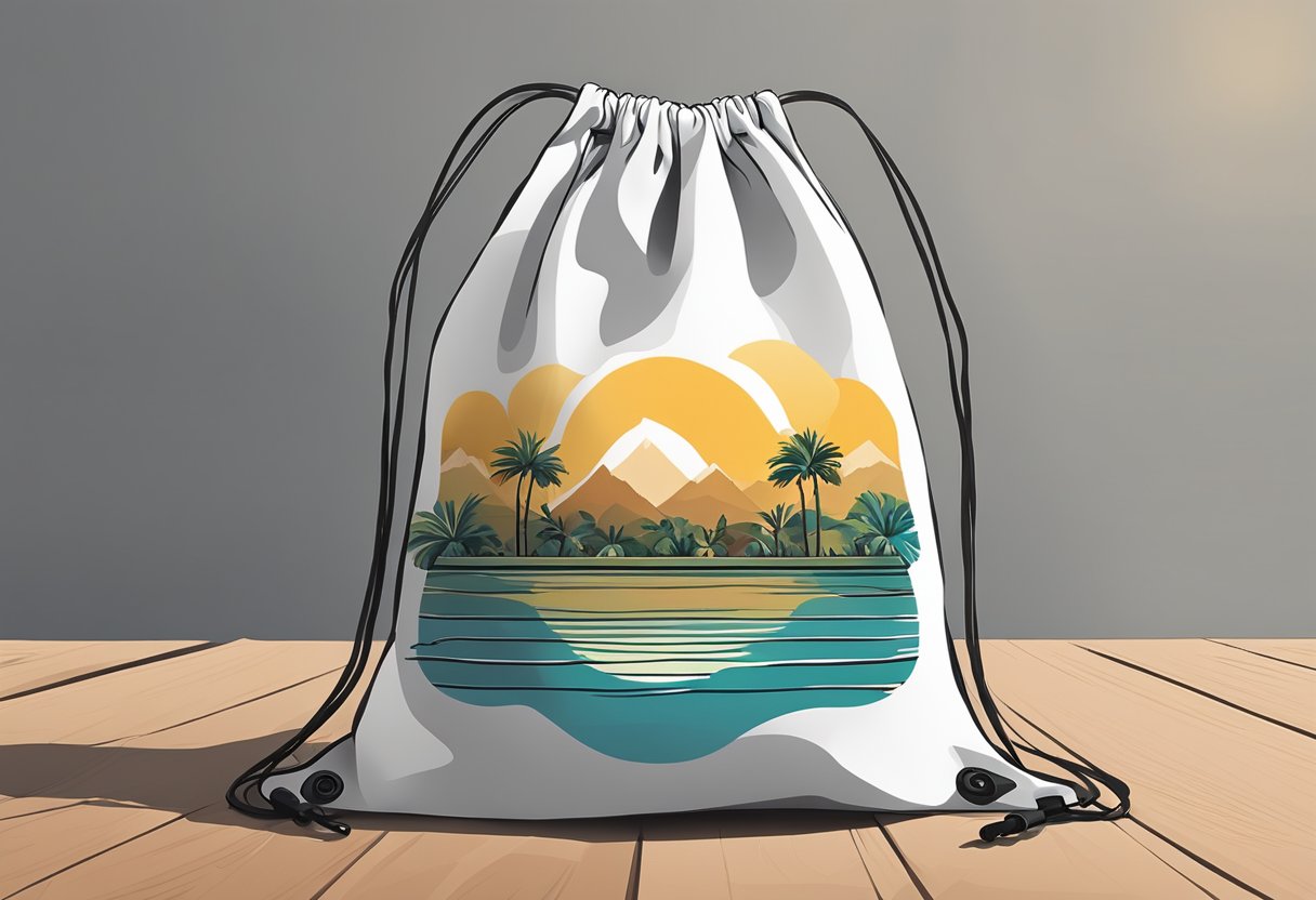 A drawstring bag lays flat on a table, with custom designs and colors. The bag is ready to be personalized with a logo or text