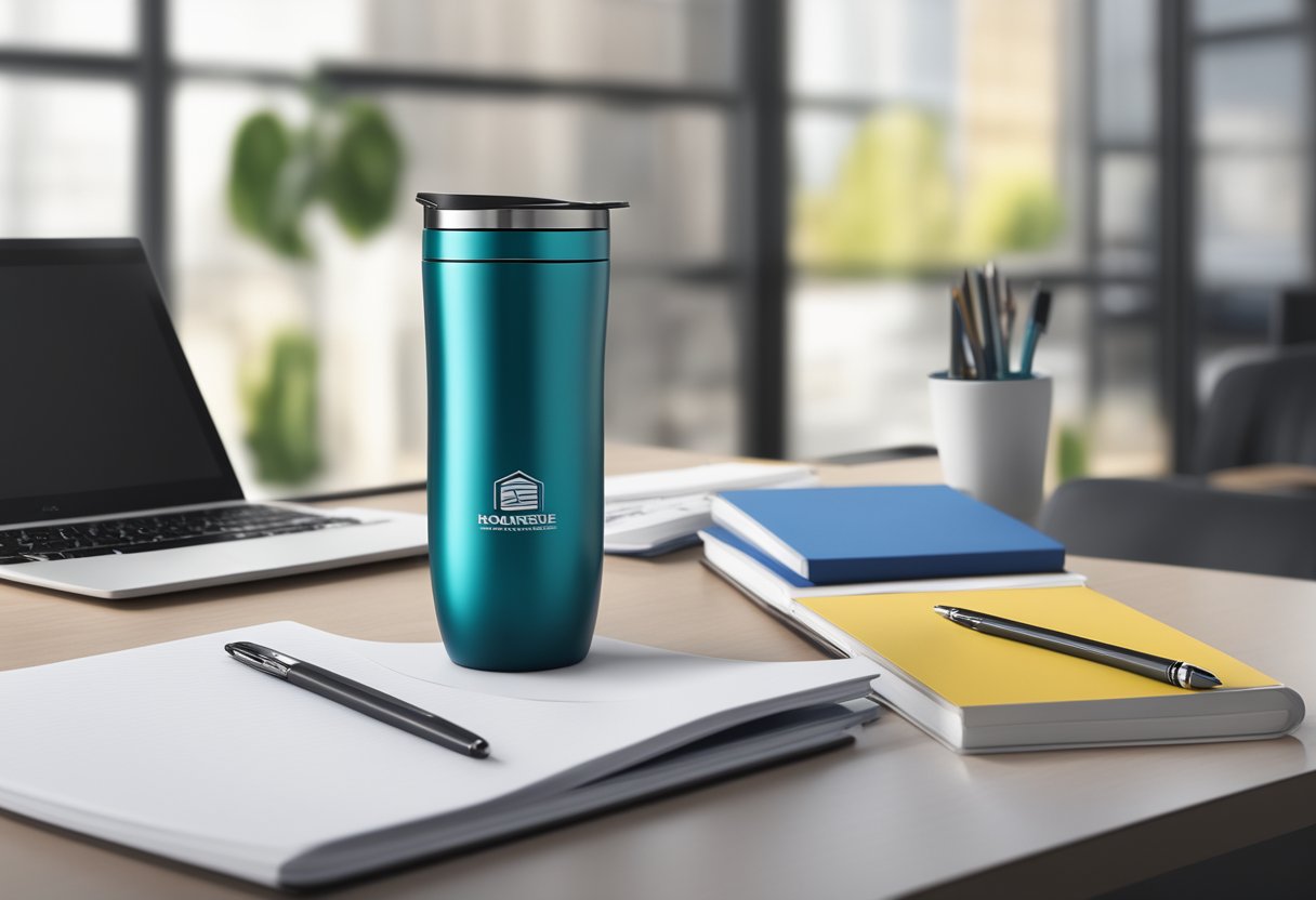 A sleek tumbler with the company logo sits on a desk next to a branded notepad and pen. The tumbler is surrounded by a backdrop of office supplies and a computer screen displaying the company's website