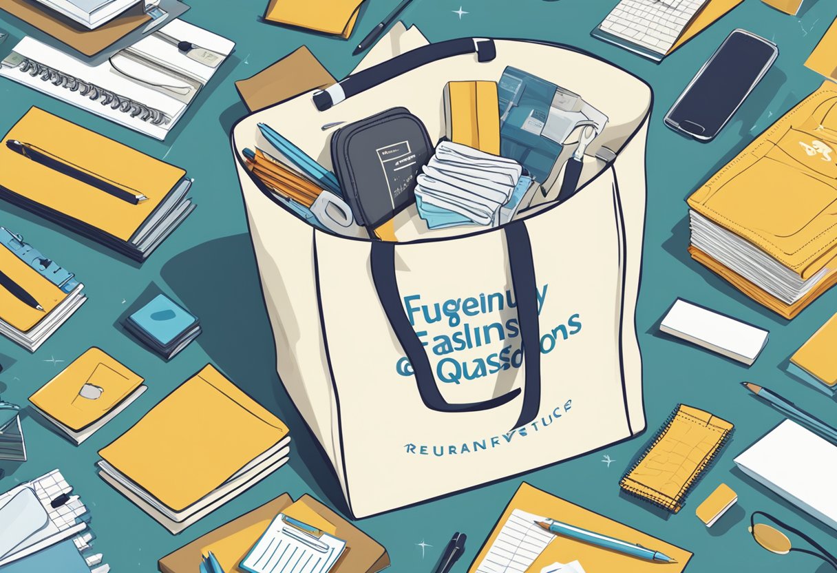 A stack of tote bags with "Frequently Asked Questions" printed on them, surrounded by various office supplies and packaging materials