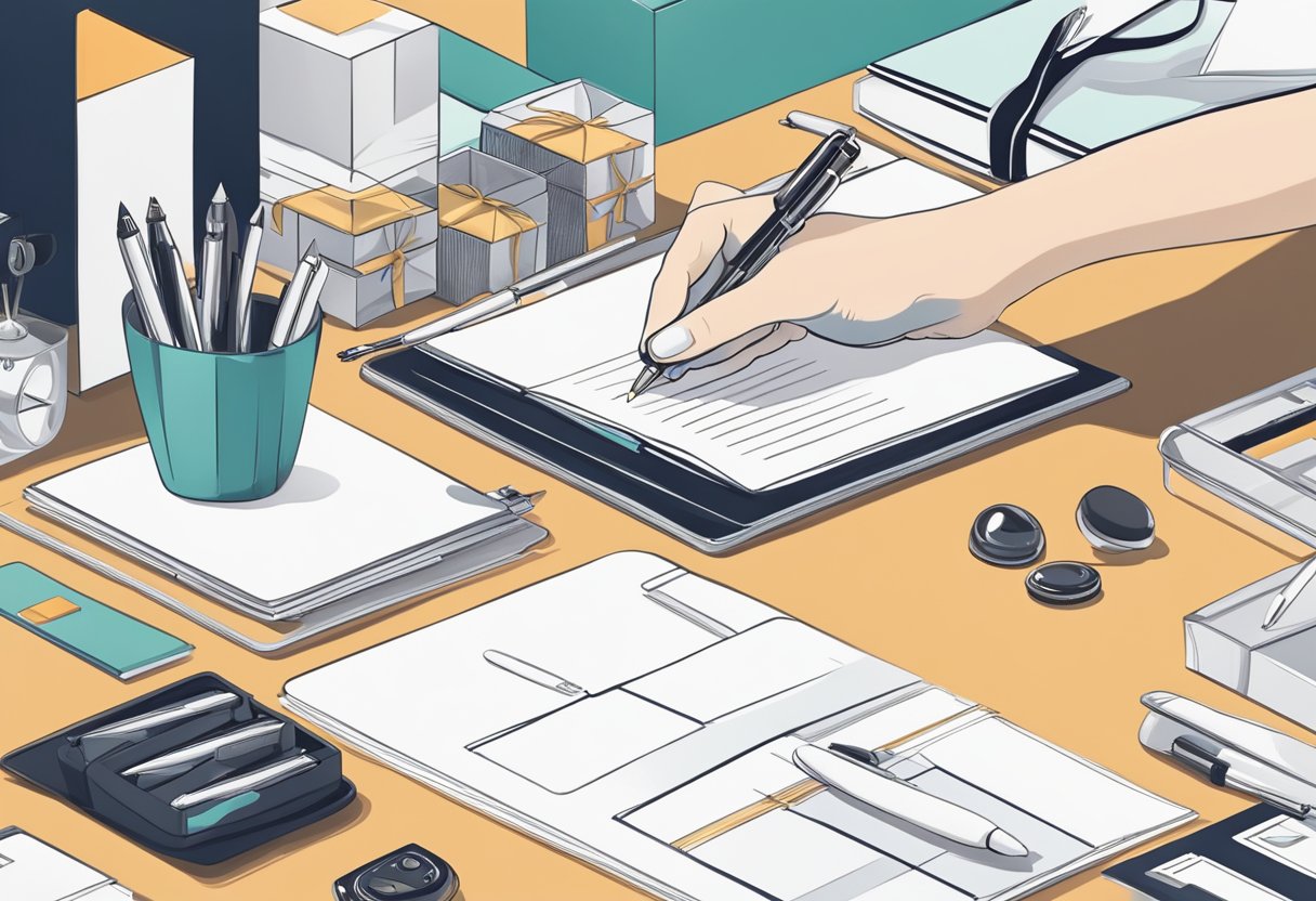 A hand reaches for a sleek, branded pen on a desk, surrounded by elegant gift options