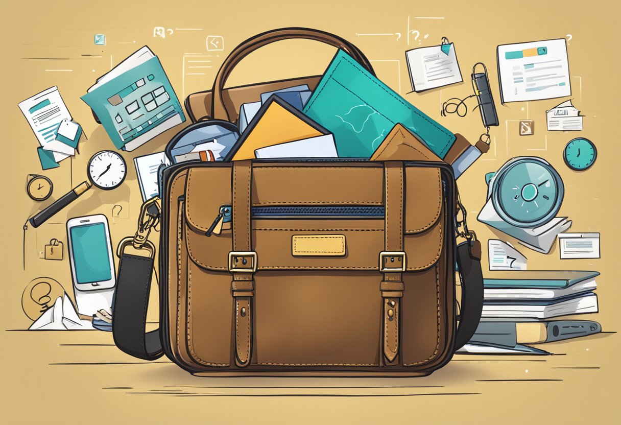 A leather bag with "Frequently Asked Questions" printed on it, surrounded by various question marks and a customer service representative's desk