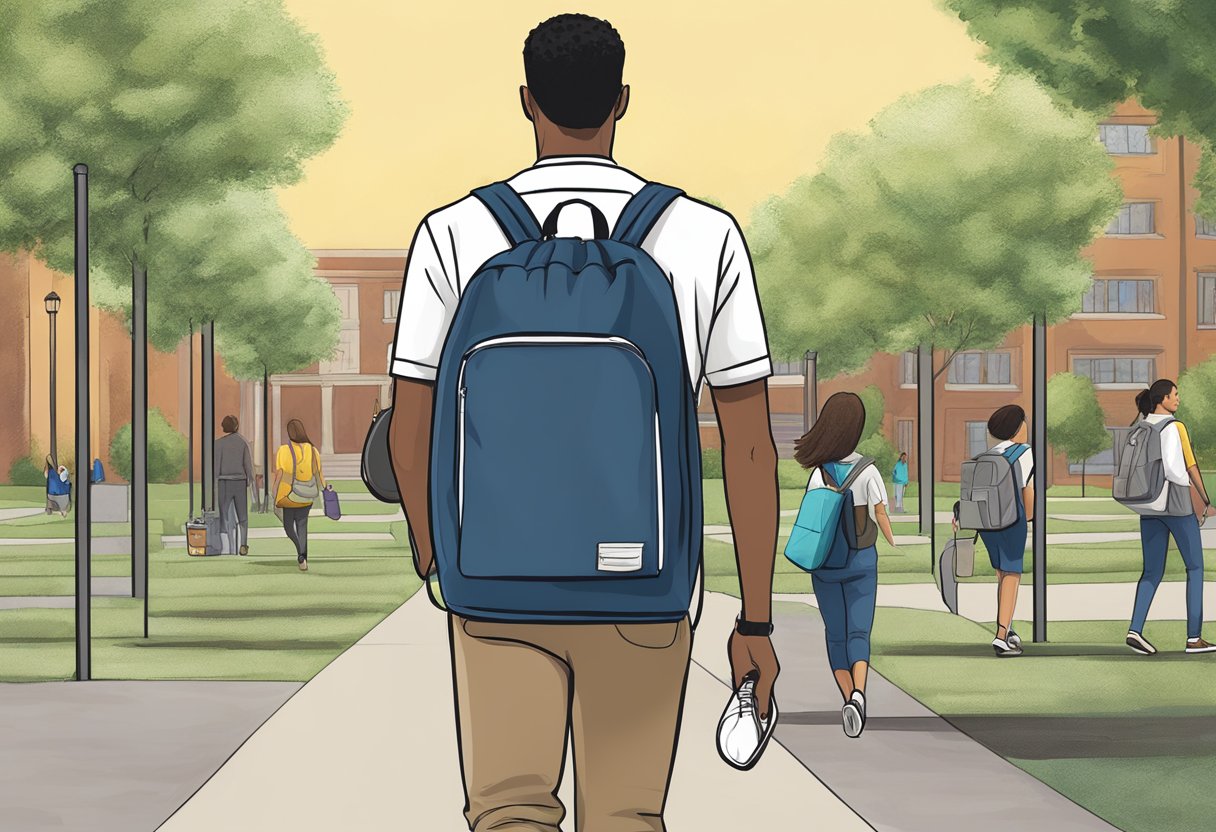 A custom drawstring bag holds various items like books, a water bottle, and a laptop. It is being used by a student walking on a college campus