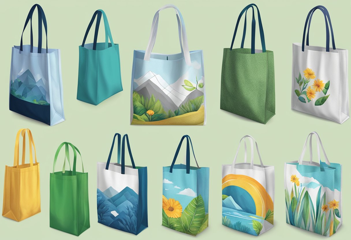 A variety of reusable bags made from different materials, such as cotton, canvas, and recycled plastic, are displayed in a print design