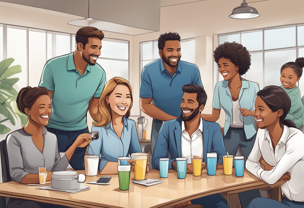 A group of professionals gather around a table, each holding a customised tumbler with the company logo. Smiles and laughter fill the room as they discuss business over their personalized gifts