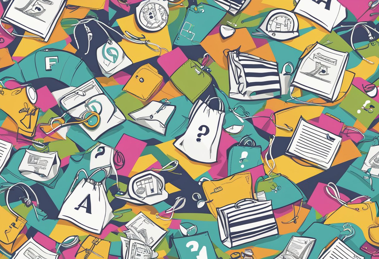 A custom drawstring bag with "Frequently Asked Questions" text, surrounded by question marks and a bold, eye-catching design