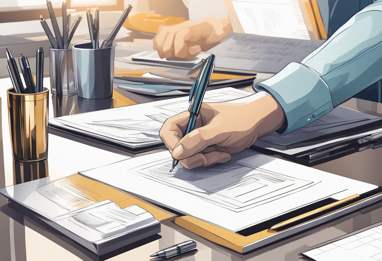 A hand reaches for a sleek, modern pen set on a polished desk, surrounded by luxurious corporate gift options