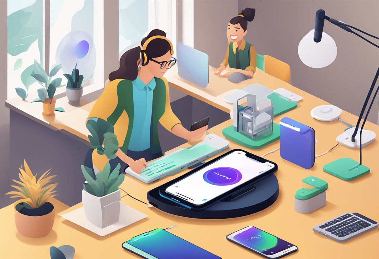 A personalized wireless charger surrounded by various electronic devices and a customer service representative assisting a customer with questions