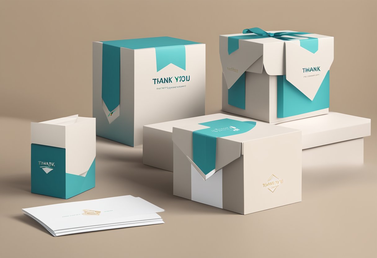 A beautifully wrapped gift box with a branded corporate logo sits on a sleek desk next to a personalized thank you card and a stack of brochures