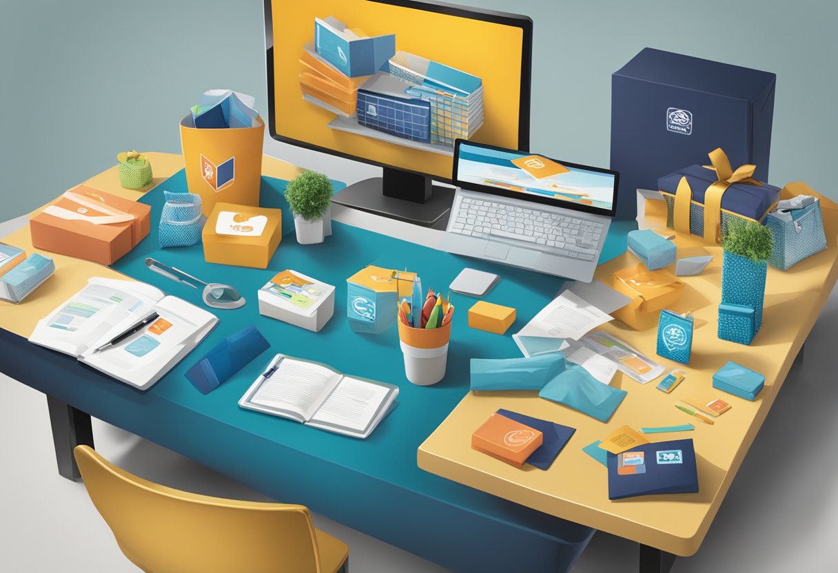 A table with various corporate gifts on display, including branded items and personalized merchandise. A sign with "Frequently Asked Questions" is prominently featured