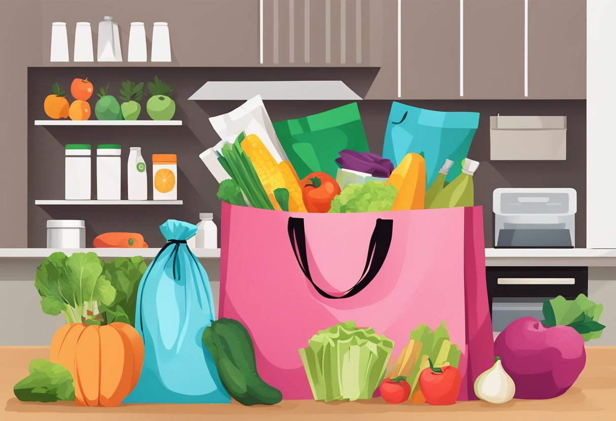 Colorful reusable bags sit on a countertop, filled with groceries