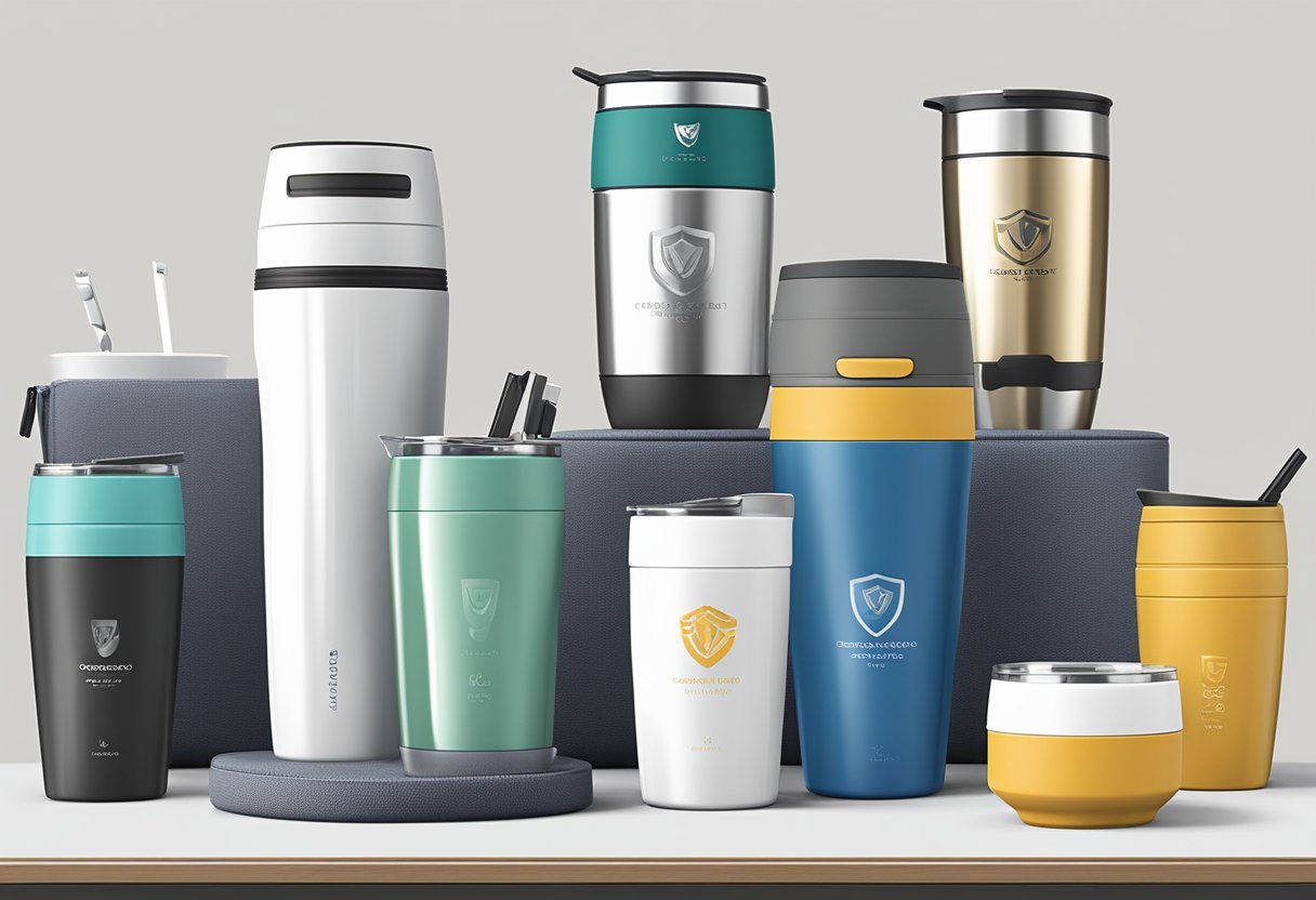 A person selects tumbler style, color, and logo for corporate gift order. They input quantity and shipping details online