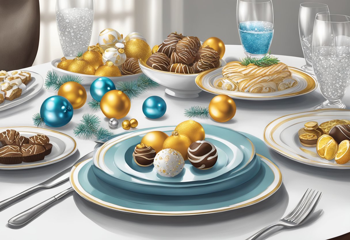 A festive table adorned with custom corporate gifts, including branded ornaments, gourmet treats, and personalized stationery