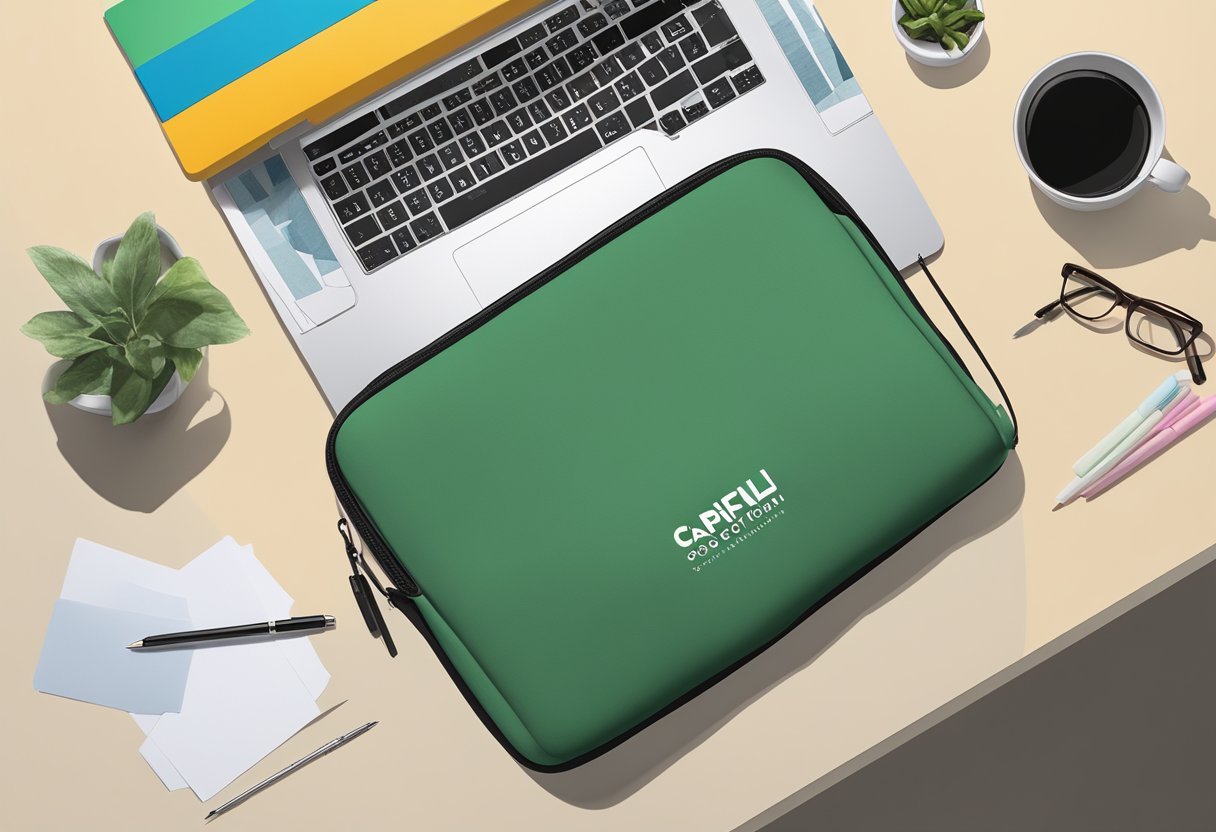 A laptop sleeve with a custom logo sits on a desk, surrounded by scattered papers and a pen