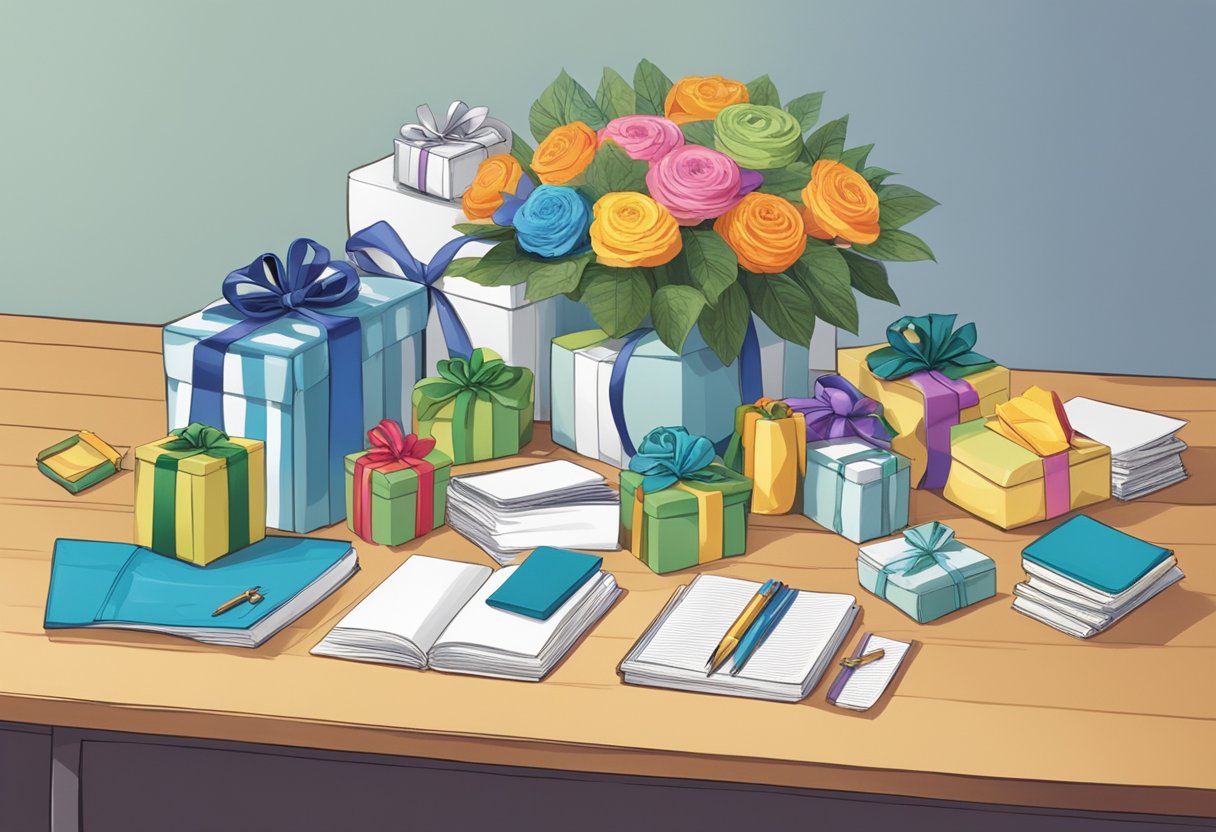 A table adorned with high-quality corporate gifts, neatly arranged and labeled, with a sign reading "Frequently Asked Questions" displayed prominently