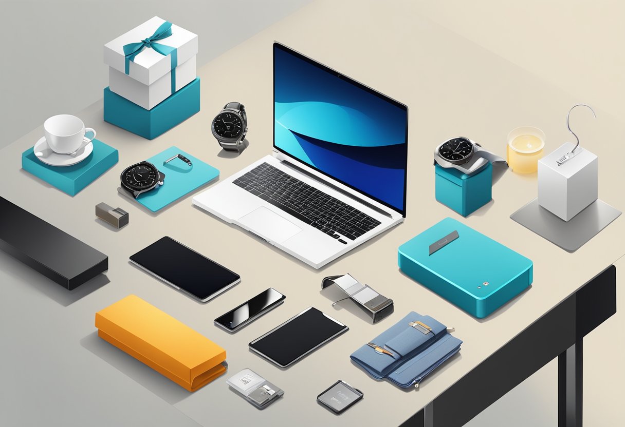 A table with various high-quality corporate gifts displayed, including branded items, tech gadgets, and luxury accessories
