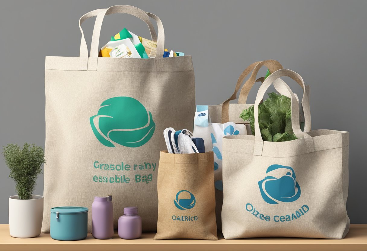 Various reusable bags made from canvas, jute, and recycled materials, displayed on a shelf