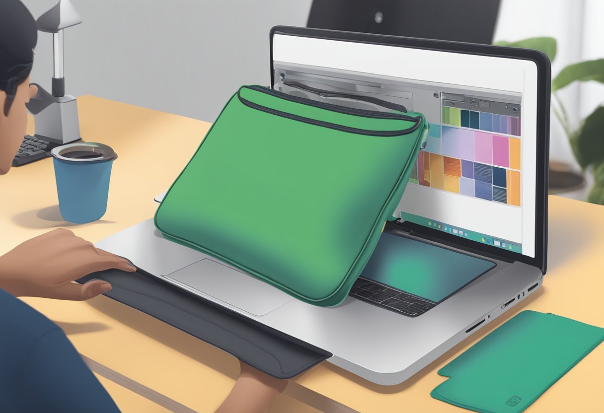 A laptop sleeve with a custom logo being applied by a person using a heat press machine