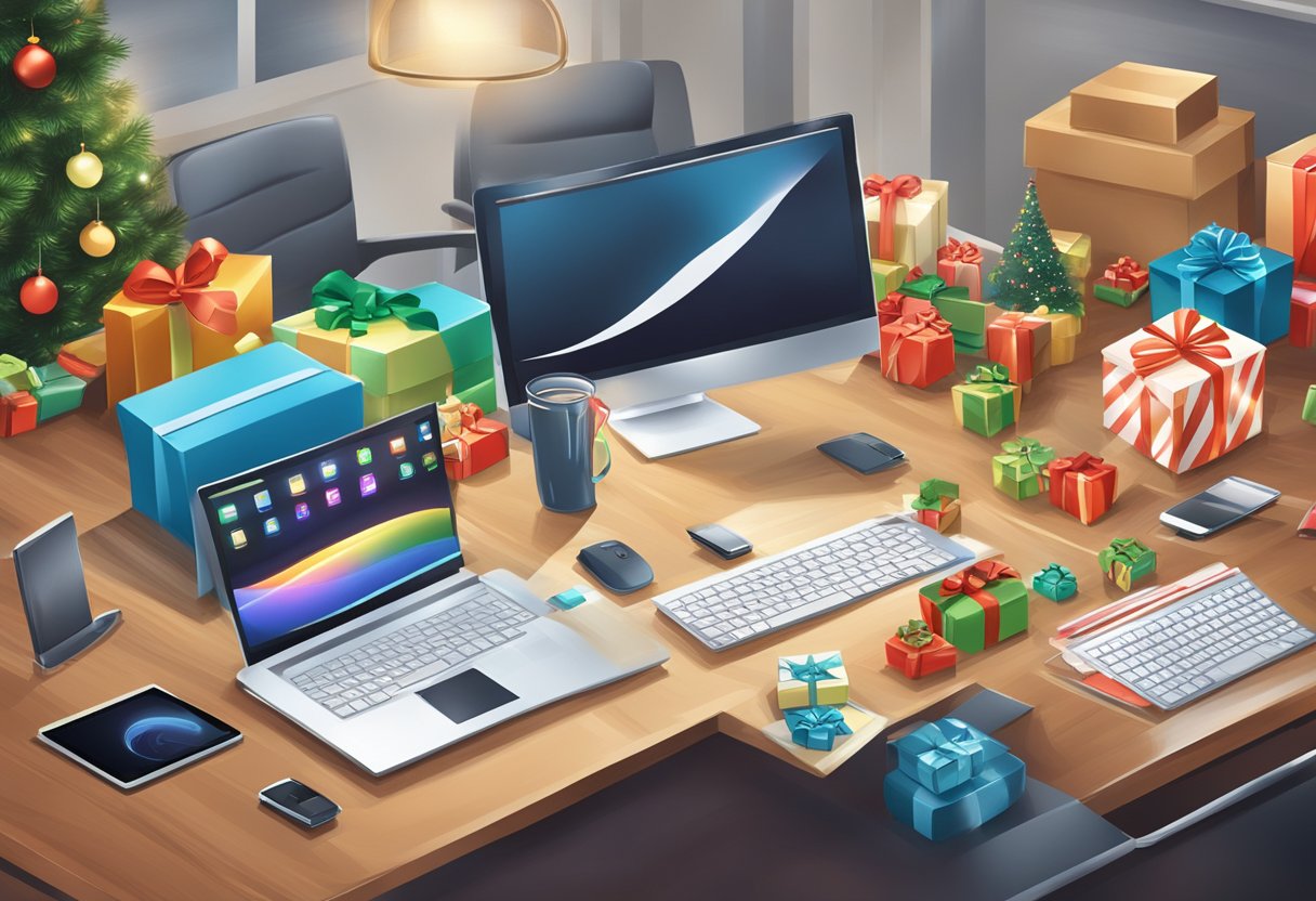 A festive office scene with a table displaying unique corporate Christmas gifts such as tech gadgets, personalized stationery, and gourmet gift baskets