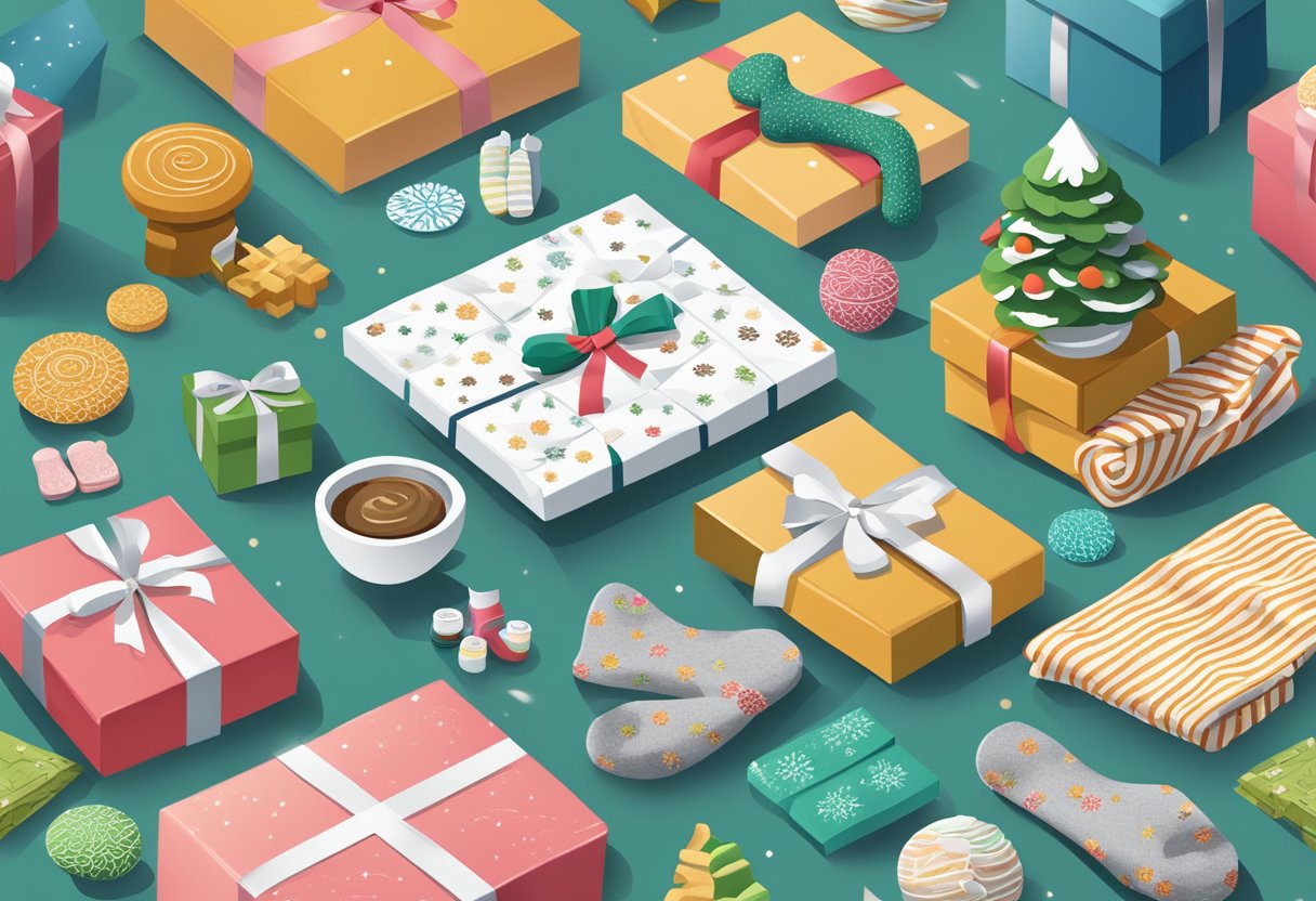 A pile of quirky corporate holiday gifts, including a miniature zen garden, a custom-branded puzzle, and a set of novelty socks