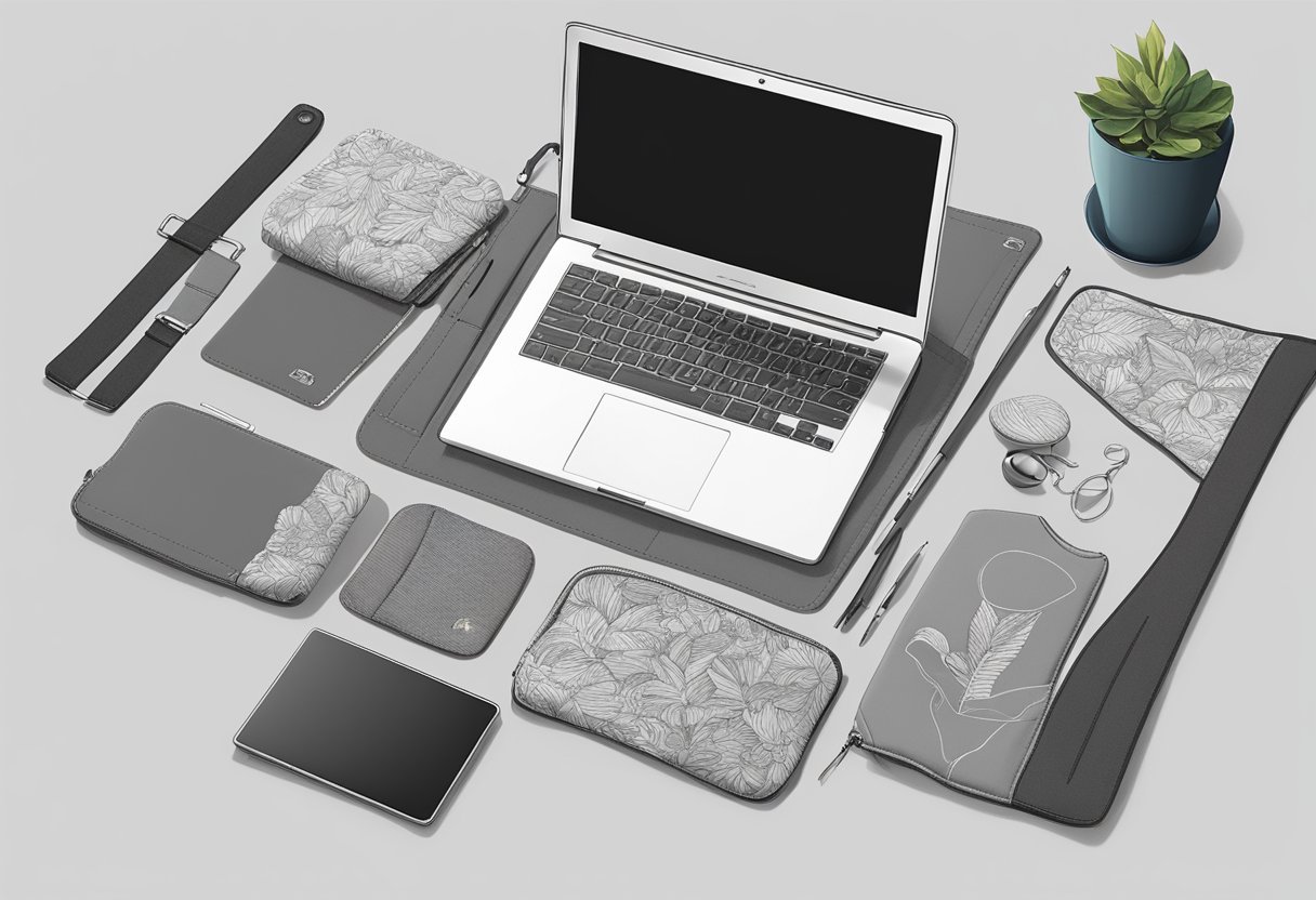 A designer selects materials, sketches a logo, and sews a custom laptop sleeve