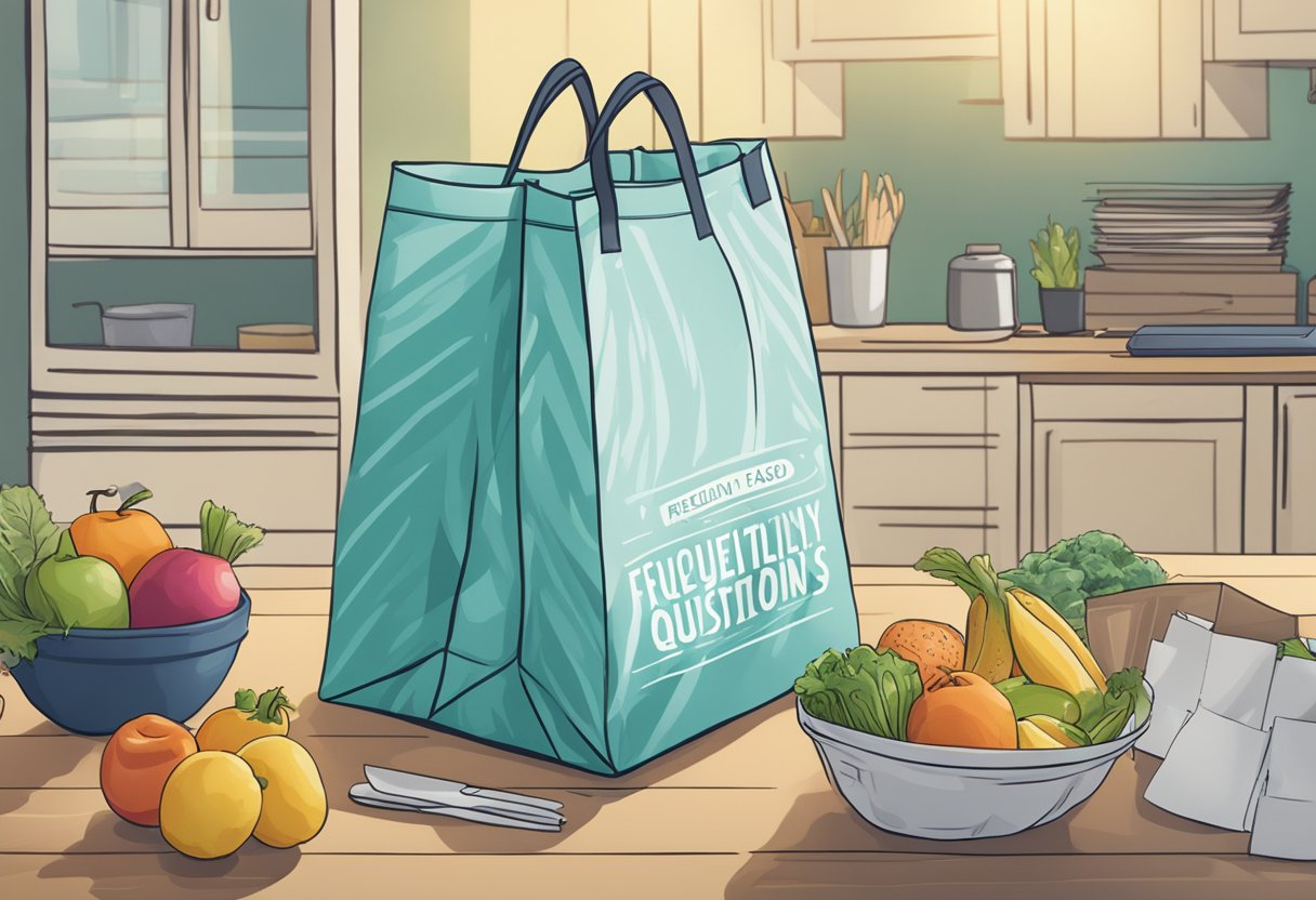 A reusable bag with "Frequently Asked Questions" print lies open on a table, ready to be filled with groceries
