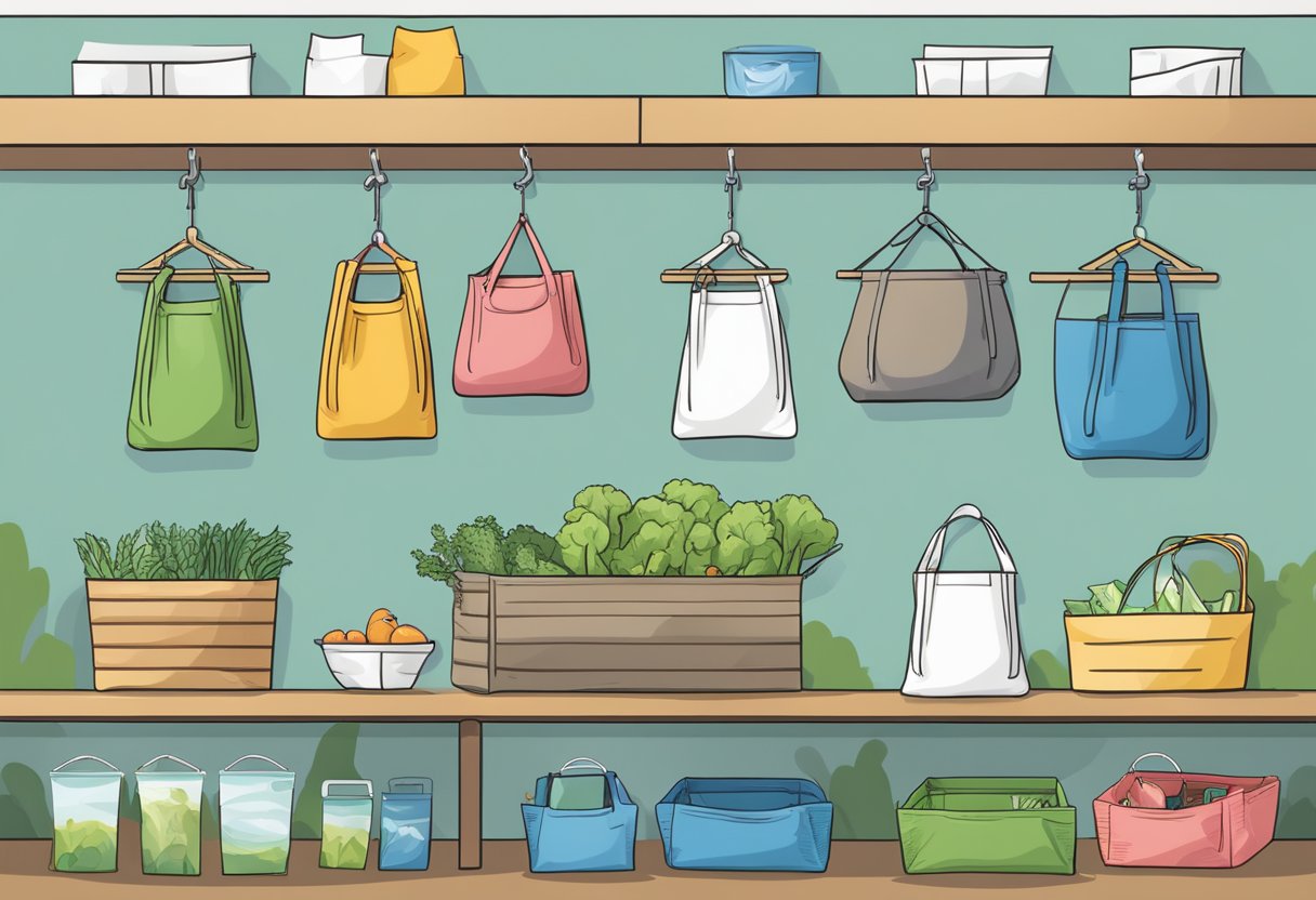 Reusable bags hung on hooks, folded on shelves, and used at grocery stores and farmers' markets. Cleaning instructions are displayed nearby
