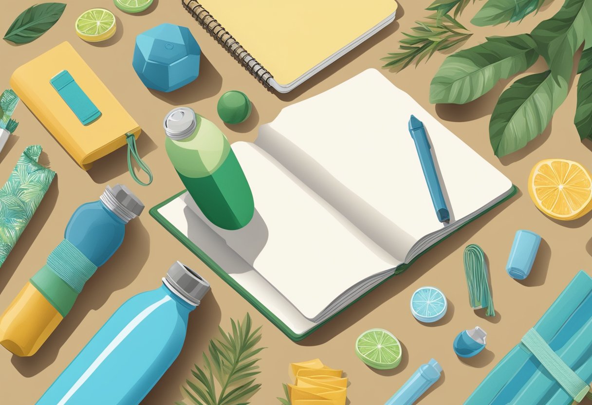A table with eco-friendly gifts: reusable water bottles, bamboo utensils, and recycled notebooks. Sustainable and unique corporate Christmas gifts