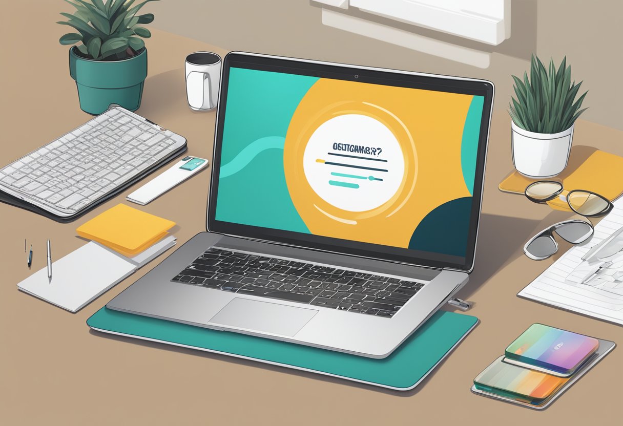 A laptop sleeve with a custom logo displayed prominently on the front, surrounded by frequently asked questions in bold lettering