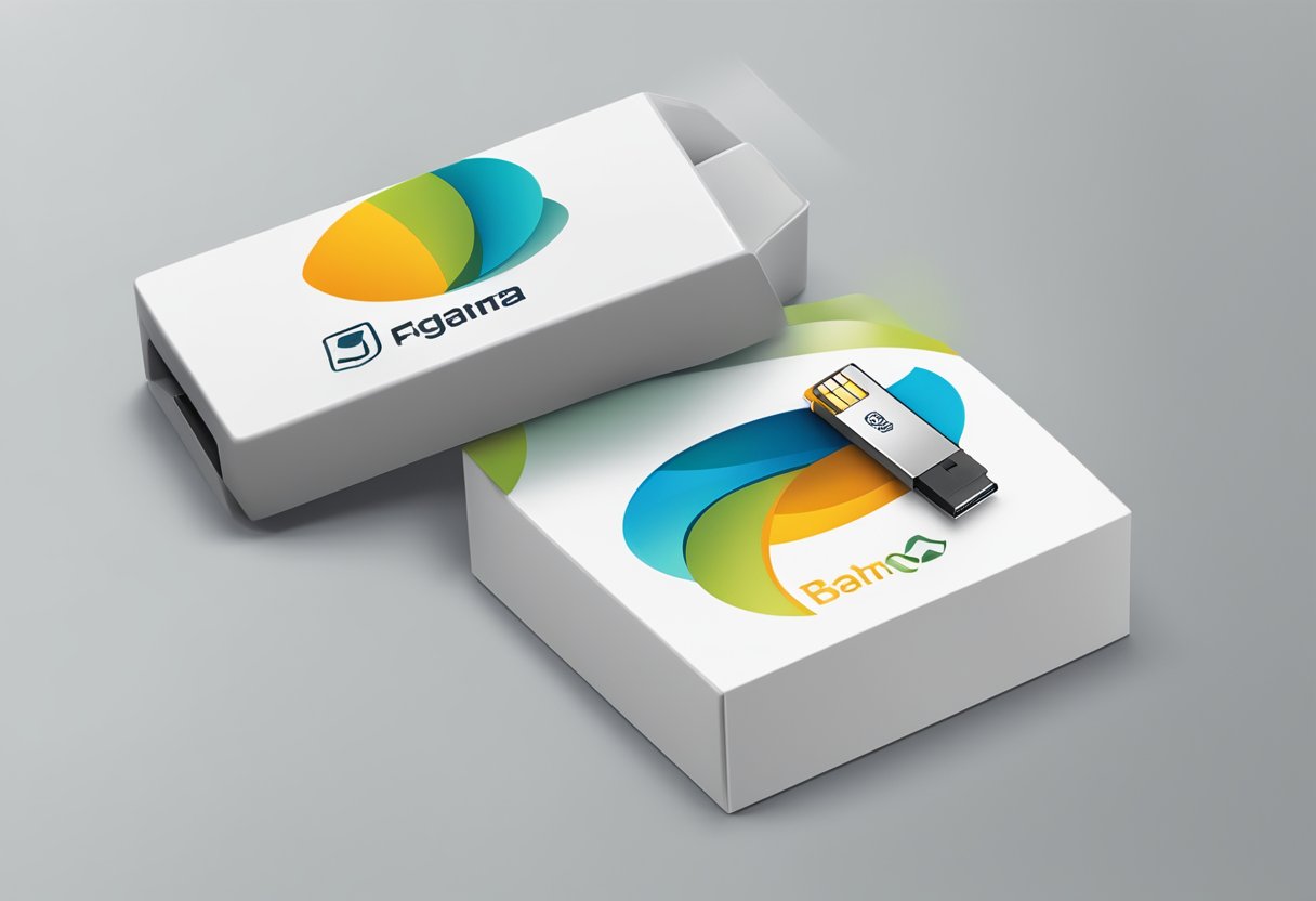 A USB flash drive and a branded company logo on a sleek, modern gift box