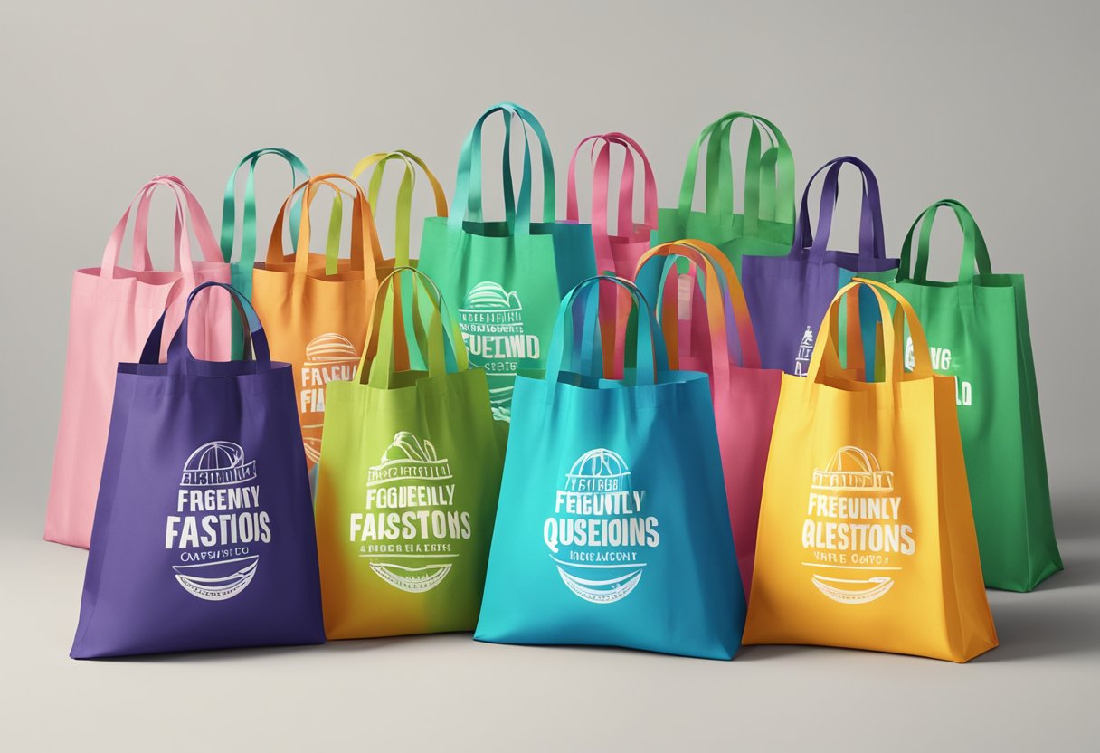 A stack of colorful reusable bags with "Frequently Asked Questions" printed on them