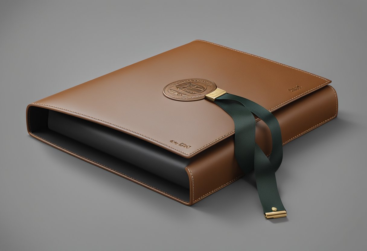 A leather portfolio rests on a sleek desk, adorned with a corporate logo. A ribbon and card accompany the gift