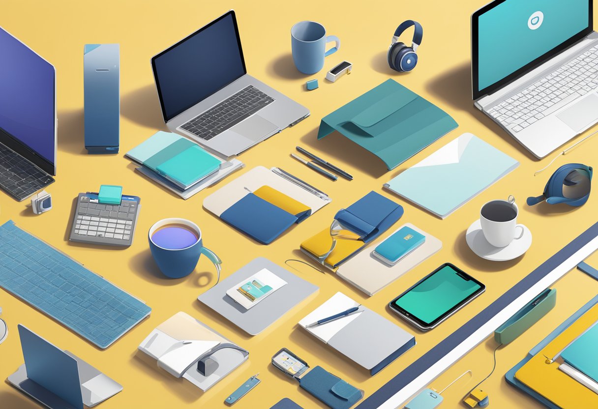 A table with unique corporate gifts: branded tech gadgets, personalized desk accessories, and custom gift baskets