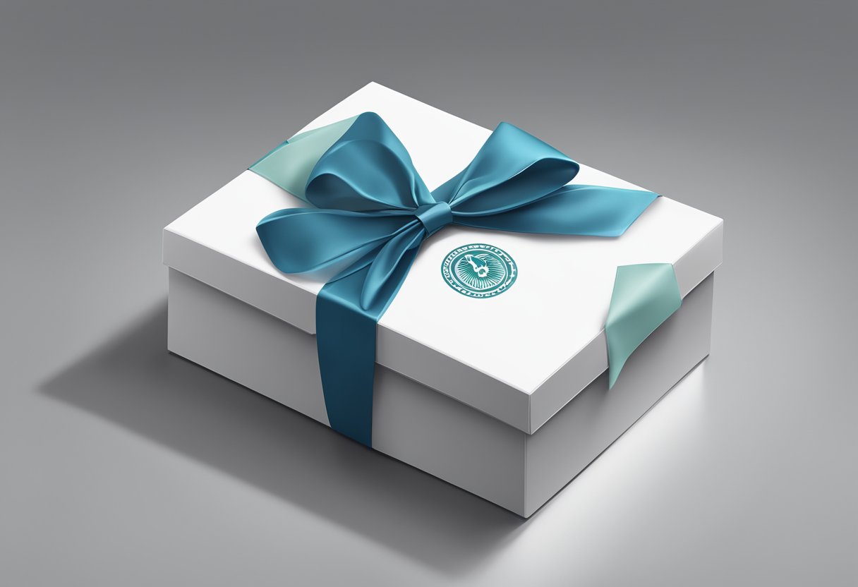 A beautifully wrapped gift box with a custom logo placed on a sleek corporate desk