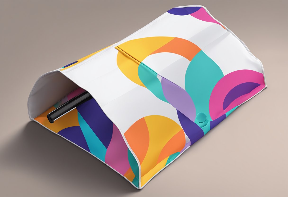 A custom foldable bag lays open on a table, with vibrant colors and a sleek, modern design