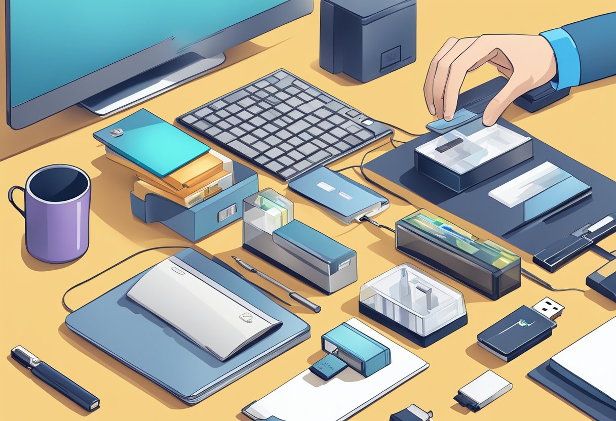 A hand reaches for a USB drive among various corporate gifts on a desk
