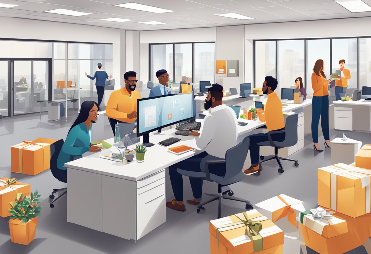 A festive office setting with employees receiving unique branded gifts, showcasing excitement and engagement