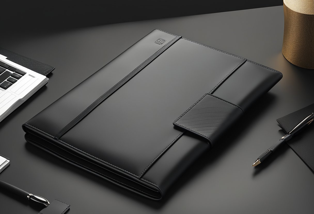 A hand reaches for a sleek leather portfolio among a display of corporate gifts. The portfolio is black with a subtle sheen, and the logo of a prestigious company is embossed on the front cover