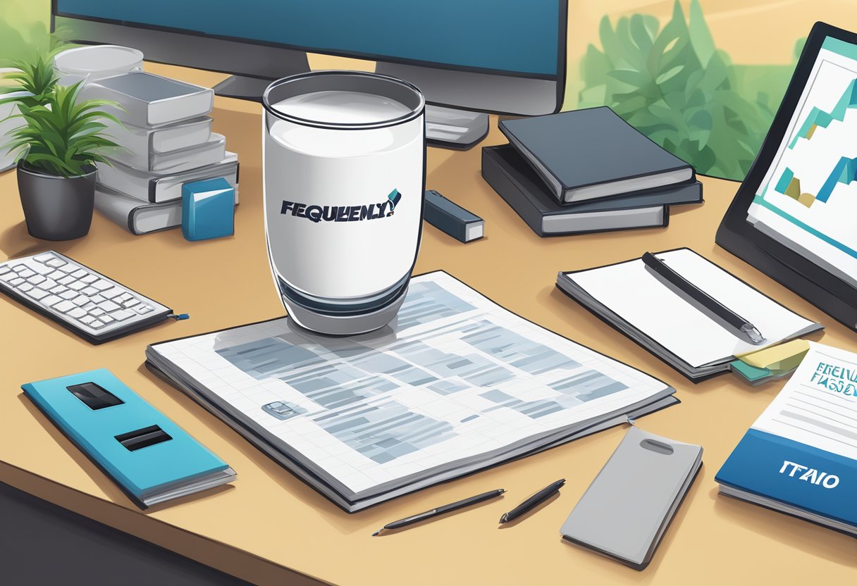 A tumbler with "Frequently Asked Questions" logo sits on a desk surrounded by corporate gift items