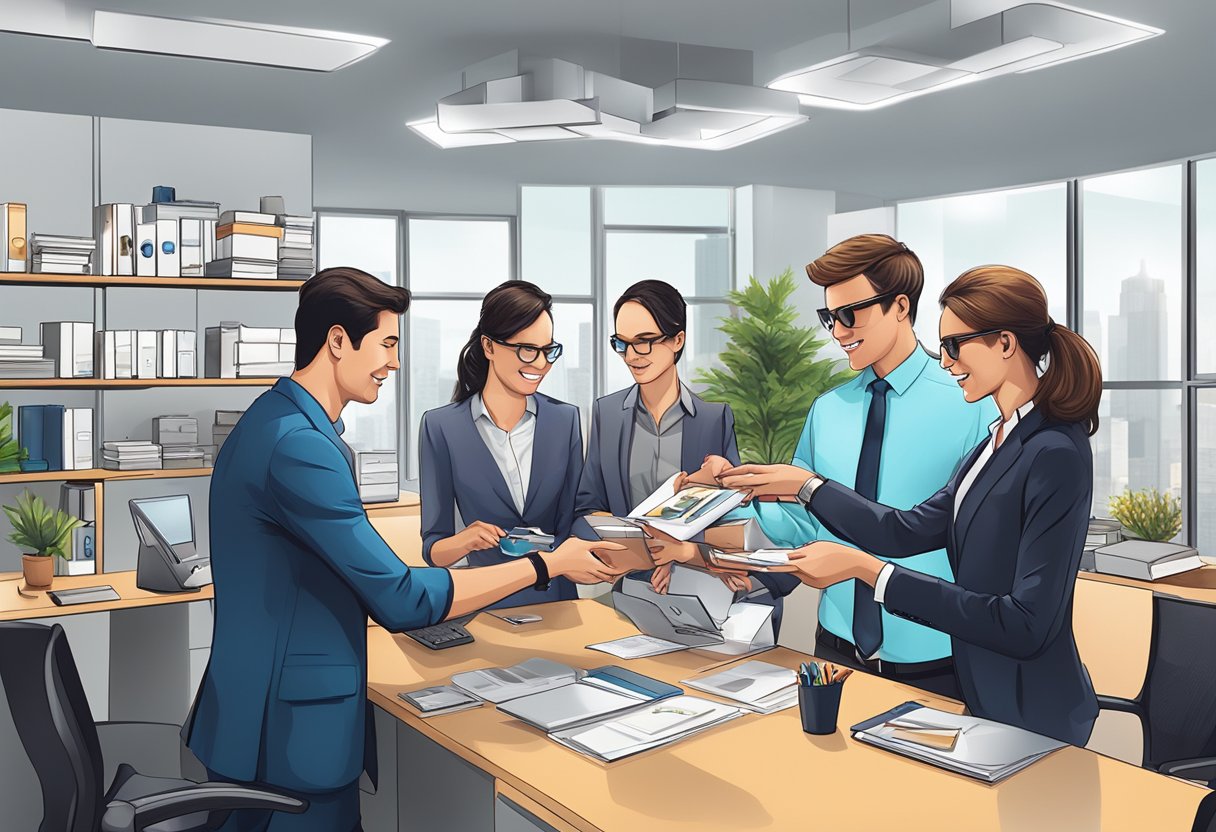 A group of professionals exchanging custom logo corporate gifts in a modern office setting