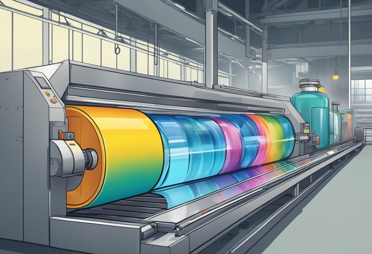 A water bottle being printed with a colorful design on a conveyor belt in a factory setting