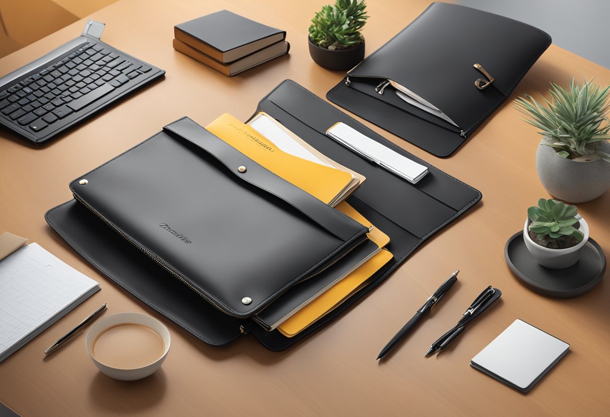A sleek leather portfolio sits on a desk, with various branding options displayed on the cover. The corporate gift exudes professionalism and sophistication